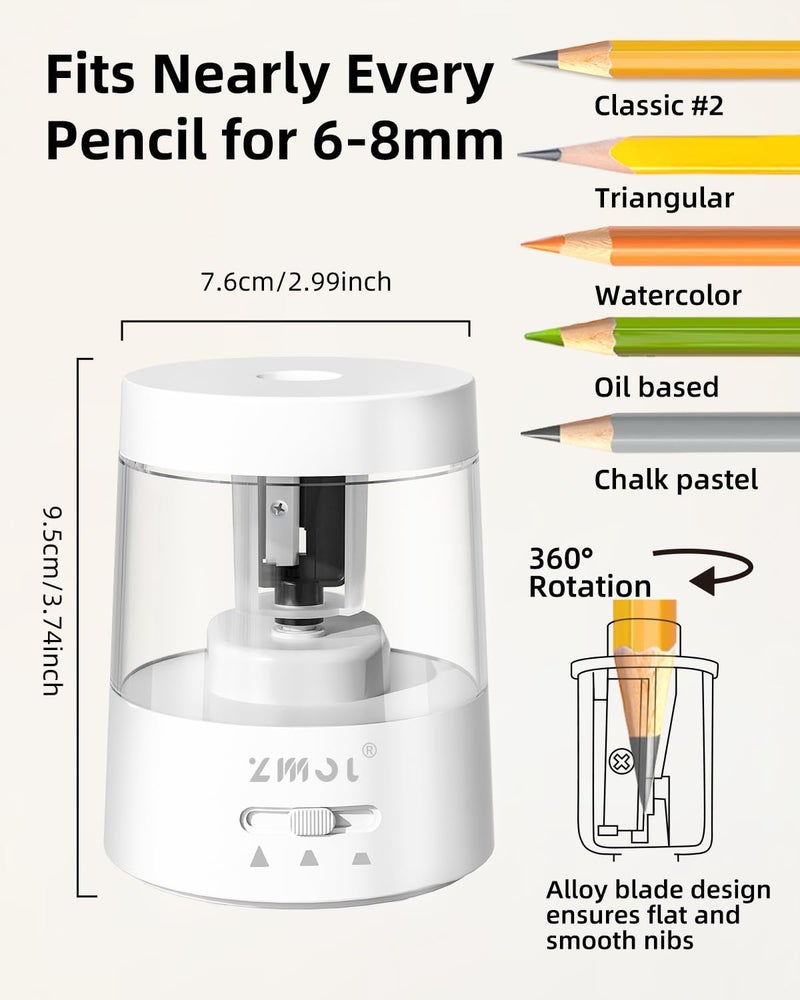 Zmol Electric Pencil Sharpener - Battery/USB Powered, 3 Sharpening Modes, for No.2 & Colored Pencils, White - Image 4